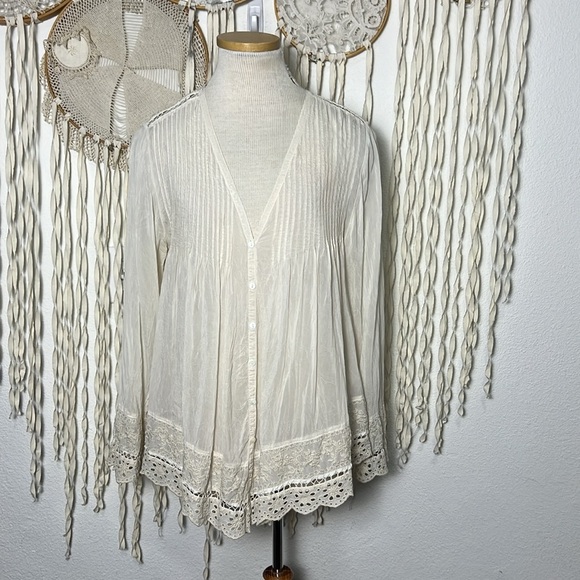 Johnny Was Tops - Johnny Was Ivory Sheer Long Sleeve Button Down Embroidered Lace Blouse Size M